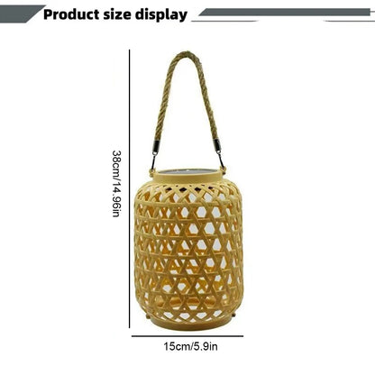 Woven lantern with dimensions displayed on a white background