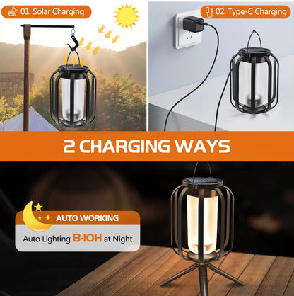 Solar lamp with charging options on a collage background