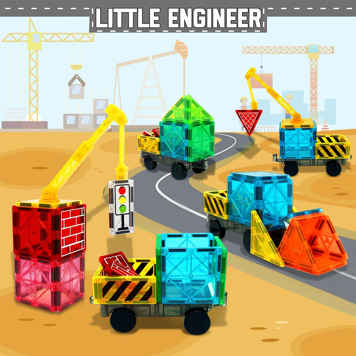Colorful toy construction vehicles on a road with cranes and buildings in the background, labeled 'Little Engineer'.