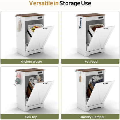 Multifunctional storage unit with different compartments for kitchen waste, pet food, kids toy, and laundry hamper.