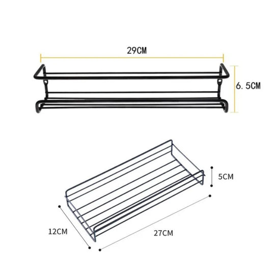 Black wire spice rack with labeled dimensions in centimeters