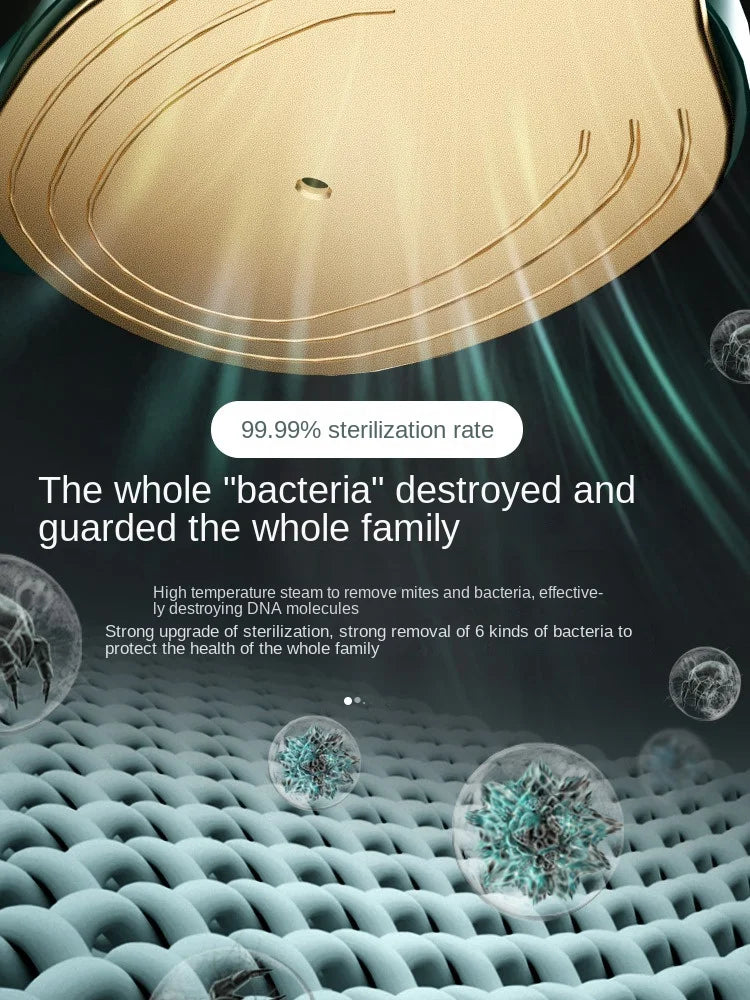 Close-up of mini steam iron plate with 99.99% sterilization rate, demonstrating high-temperature steam killing bacteria and protecting fabric health
