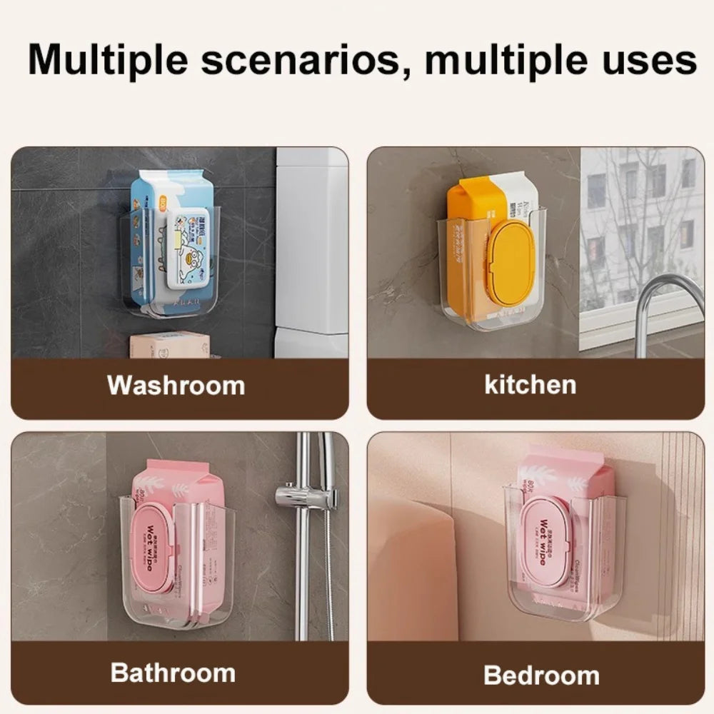 Wall-mounted wet wipe dispensers used in washroom, kitchen, bathroom, and bedroom settings