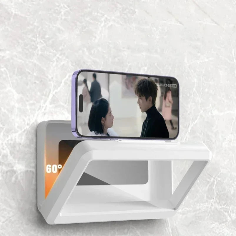 Waterproof rotating shower phone holder mounted on bathroom wall with smartphone playing a video at 60-degree viewing angle