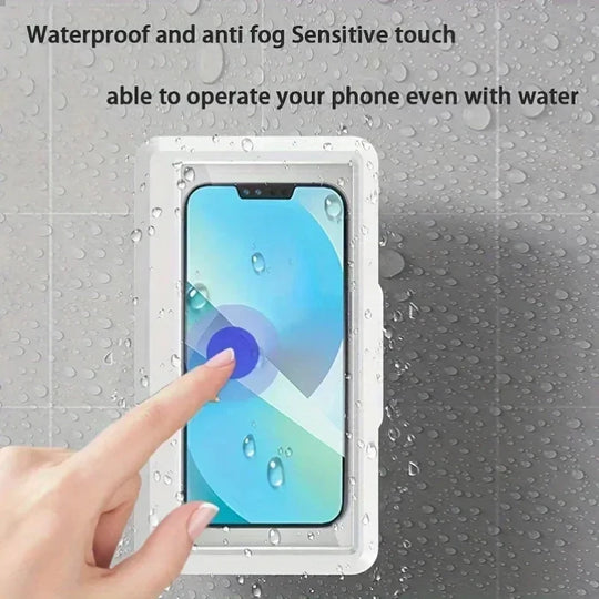 Phone case with waterproof and anti-fog features, showing a hand interacting with a phone inside the case.