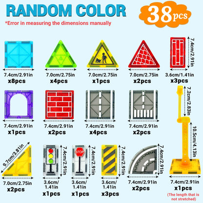 Set of 38 colorful traffic sign models with dimensions and packaging details.