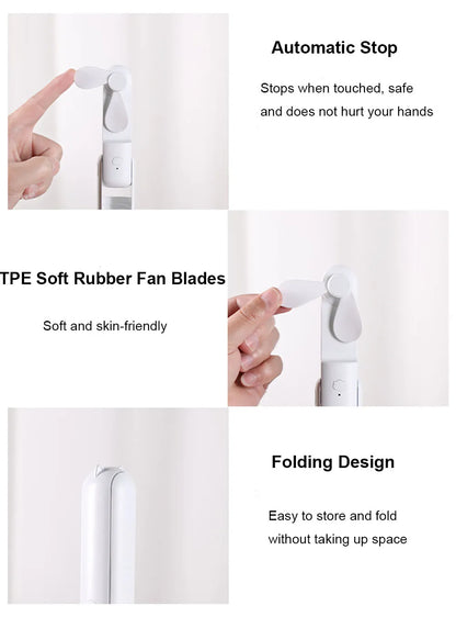 Product features including automatic stop, soft rubber fan blades, and folding design on a white background.