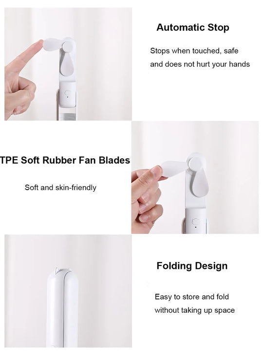 Product features including automatic stop, soft rubber fan blades, and folding design on a white background.