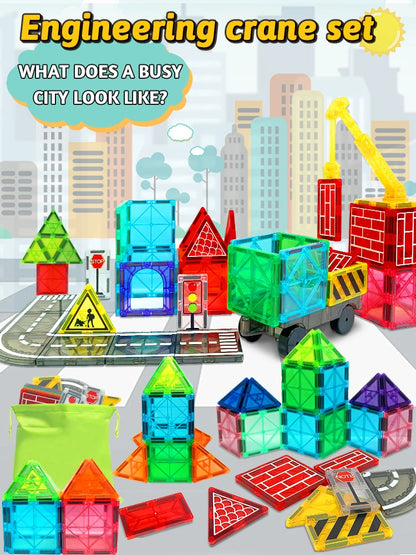 Toy crane set with colorful building blocks on a cityscape background