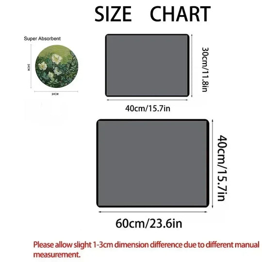 Size chart showing dimensions of gray bathroom mat with a small green plant illustration.