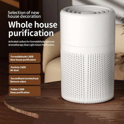 White air purifier on a wooden surface with text about whole house purification and features.