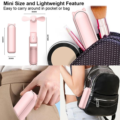 Collage of a pink makeup case, compact portable fan, and brush with text highlighting mini size and lightweight features.
