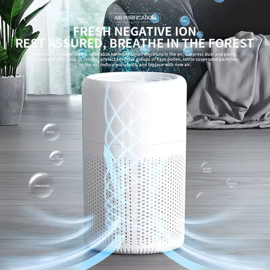 Air purifier in a room with text about negative ions and air purification.