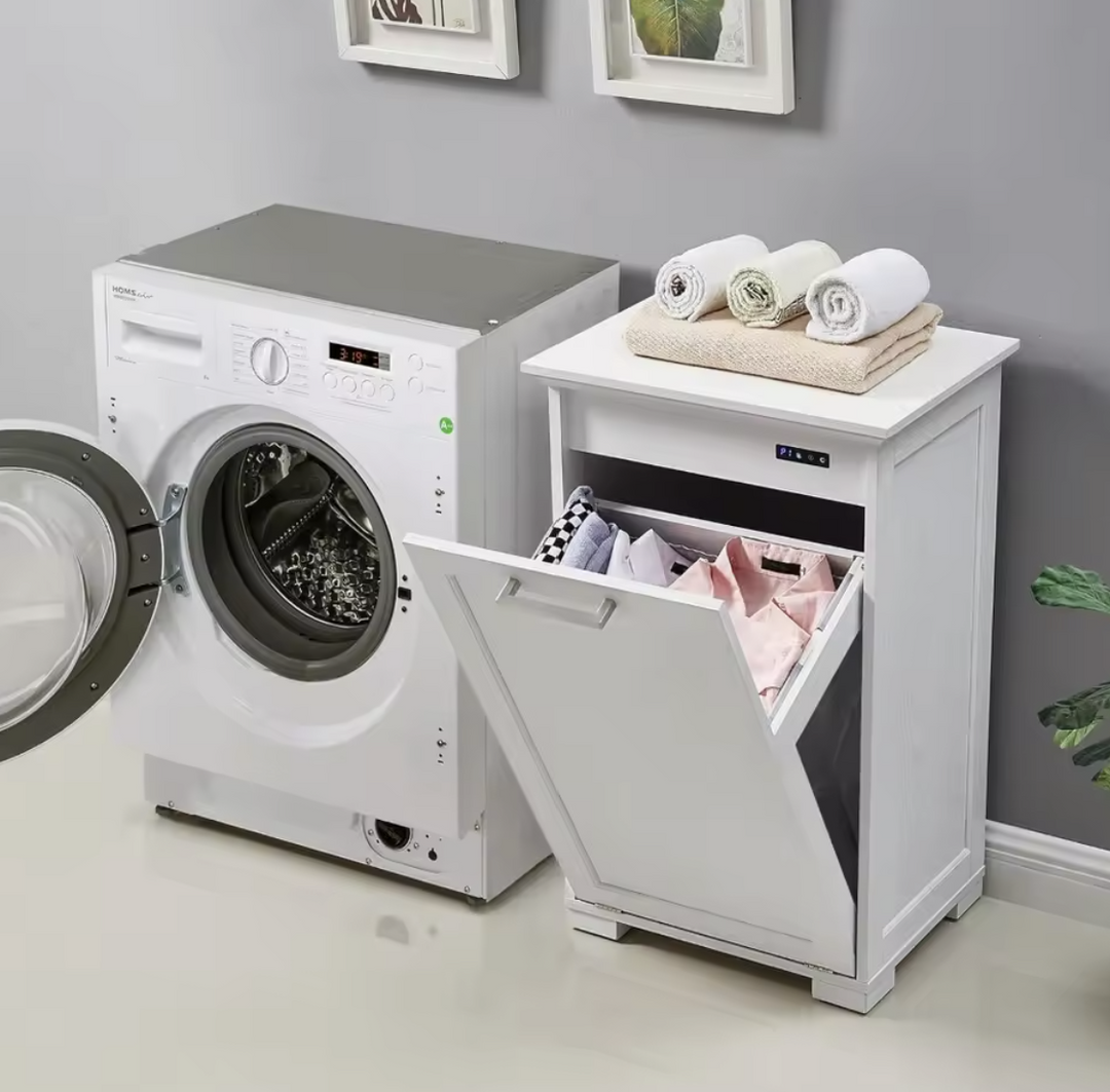 White washing machine with a matching laundry basket in a room with gray walls.