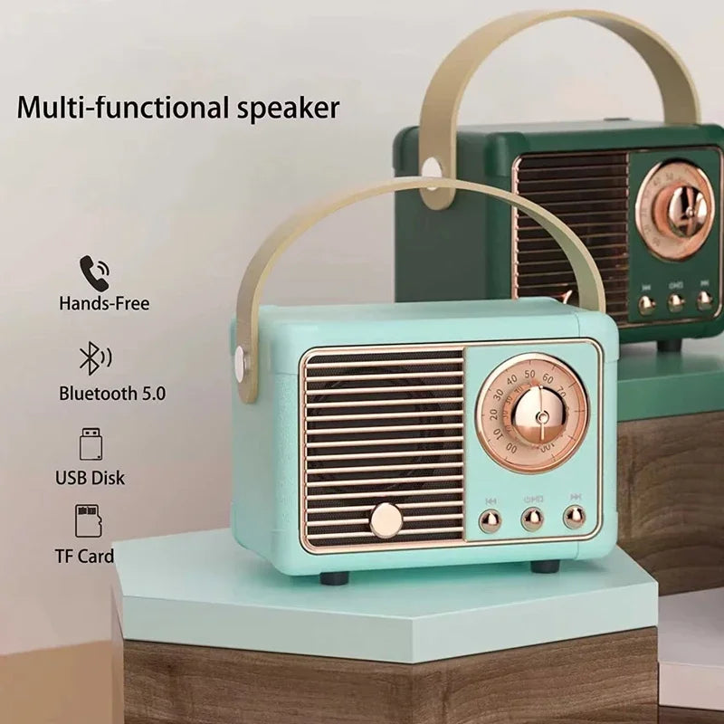 Retro-style Bluetooth speaker in mint green with gold dials, featuring hands-free calling, USB disk, TF card support, and Bluetooth 5.0