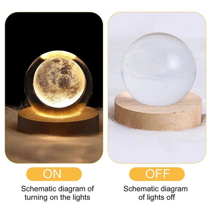 Crystal ball moon night light on wooden base shown lit and unlit side by side