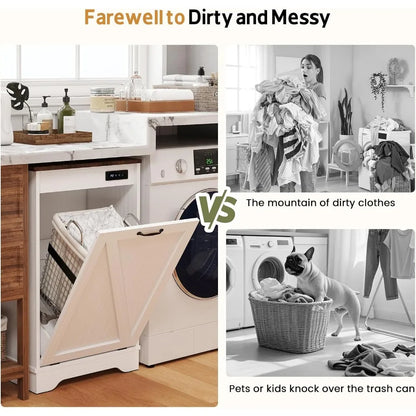 Comparison of a tidy laundry area with a trash can and a cluttered room with clothes and a dog.