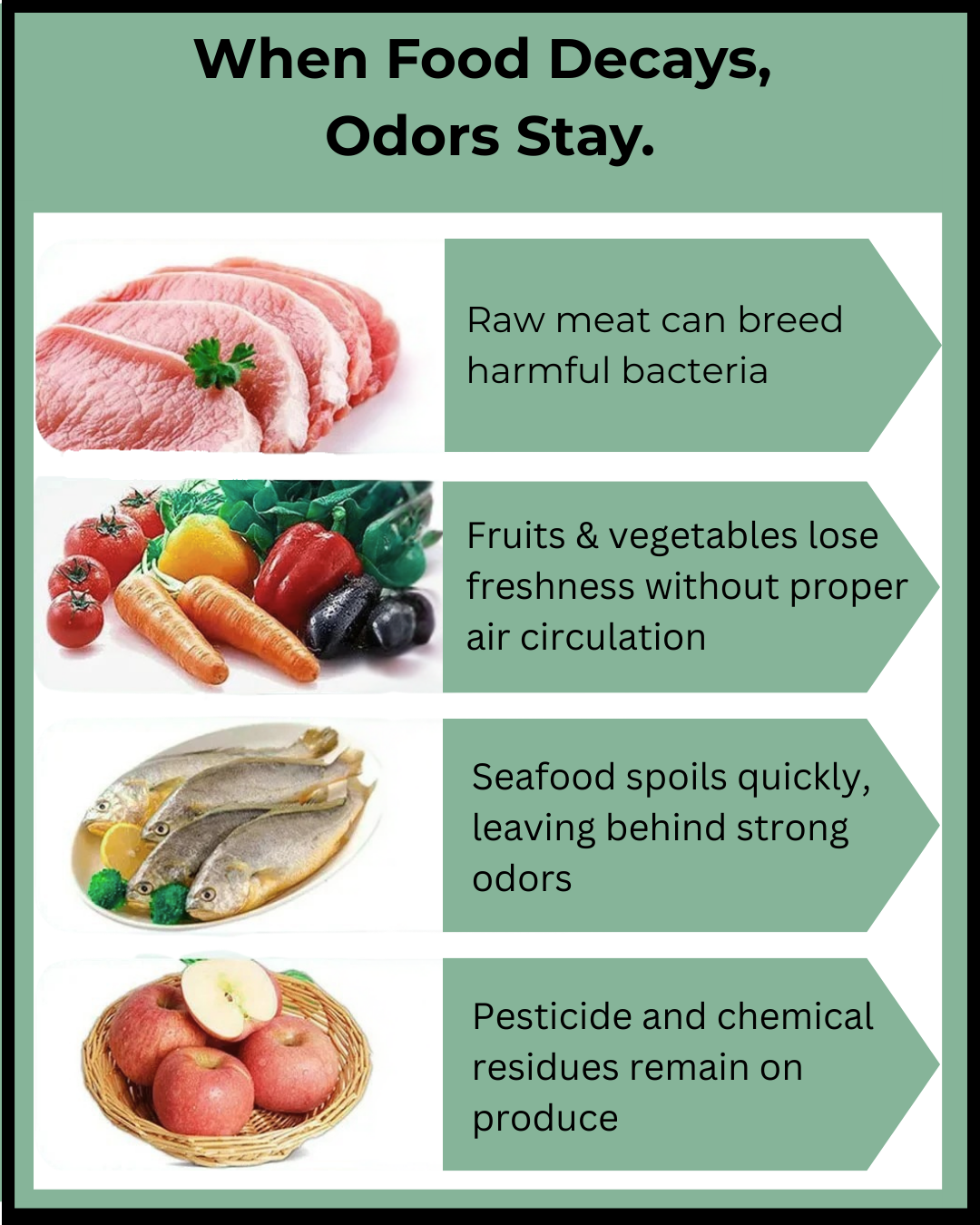 Infographic about food decay and odors with images of raw meat, fruits, vegetables, and seafood.