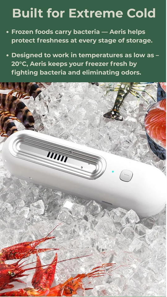 Aeris refrigirator deodorizer product on ice with text about its cold-weather performance