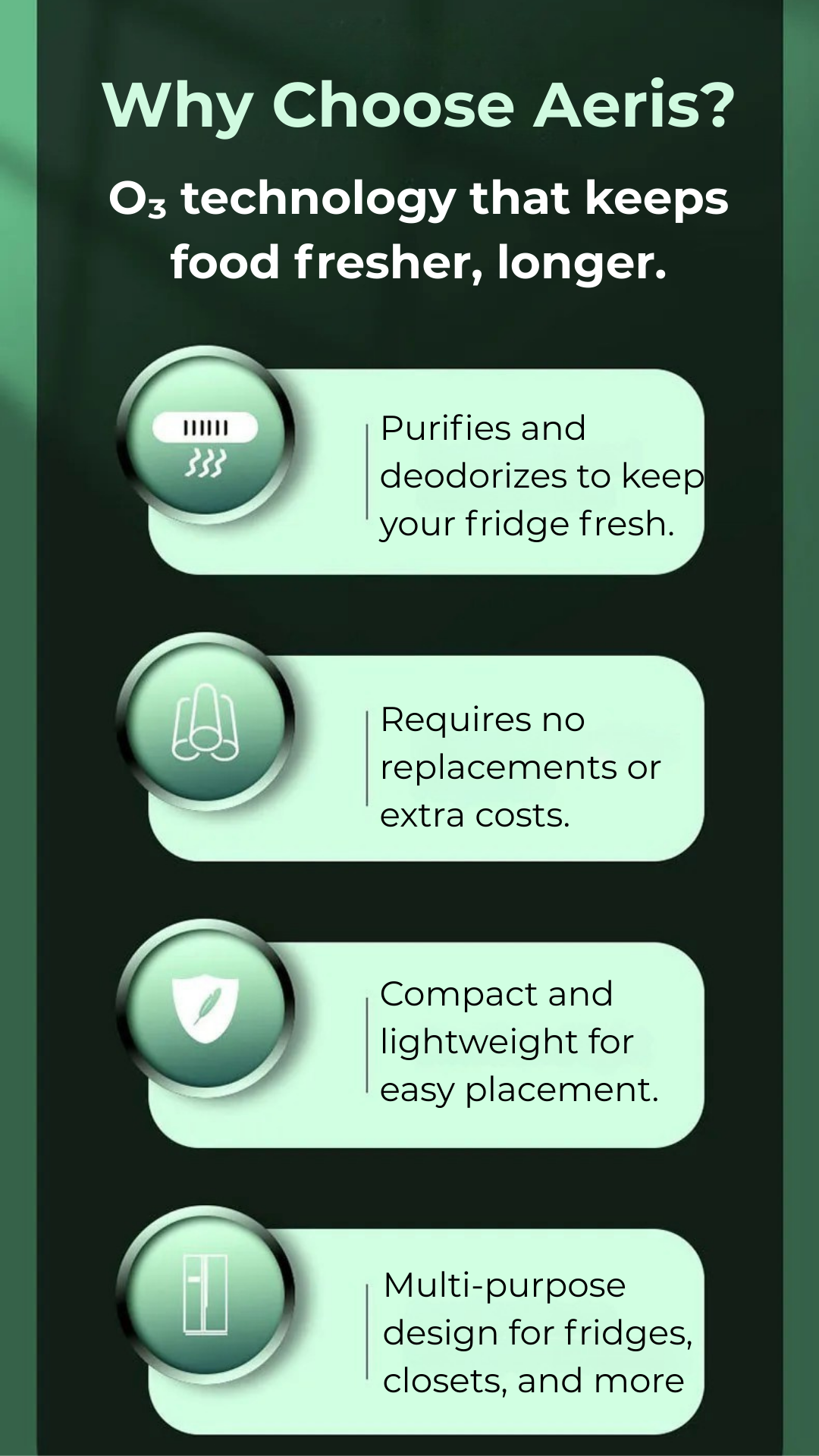 Promotional graphic for Aeris technology with benefits listed on a green background.
